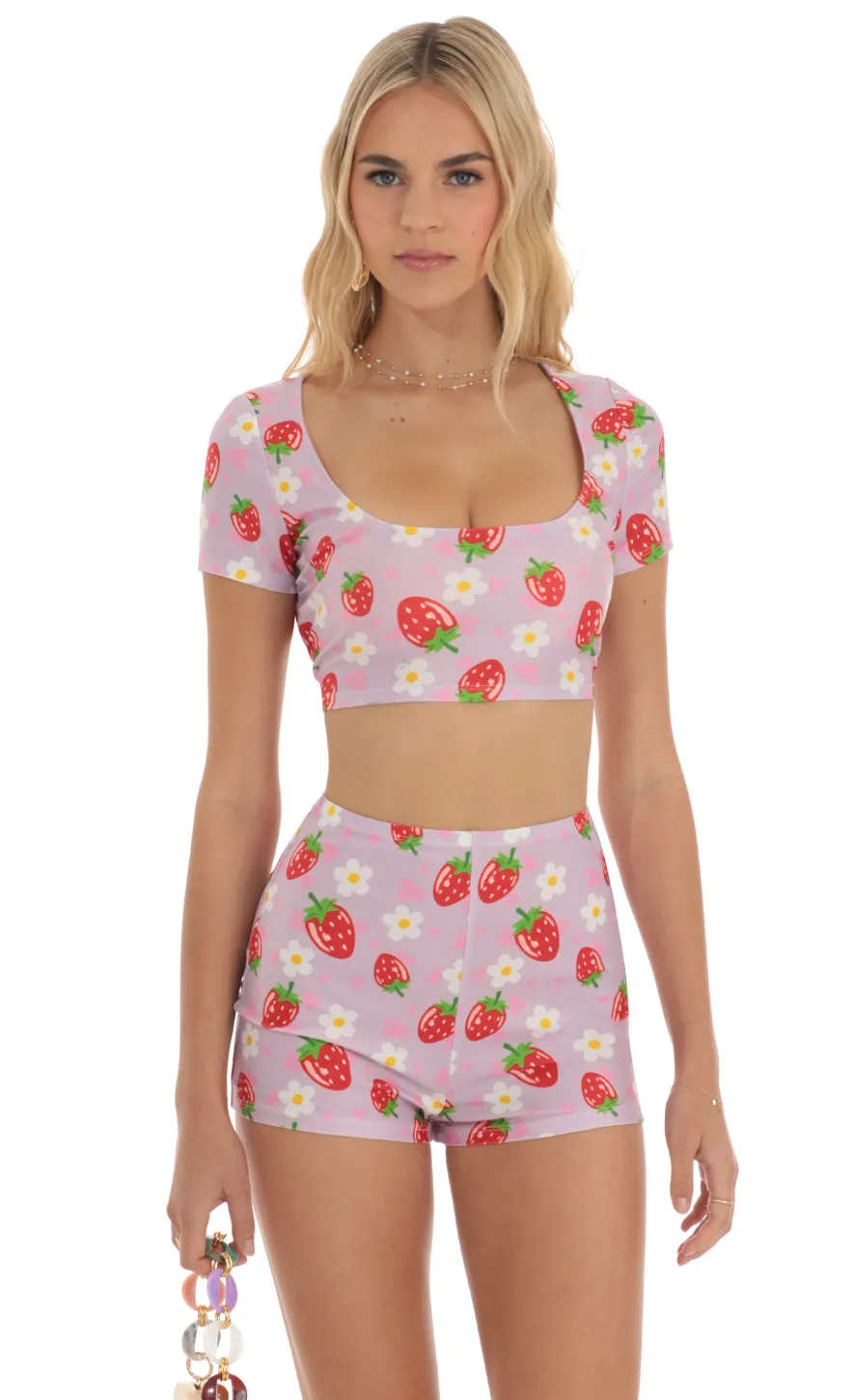 LUCY IN THE SKY Two-Piece Sets|Shorts^Strawberry Floral Two Piece Short Set In Purple