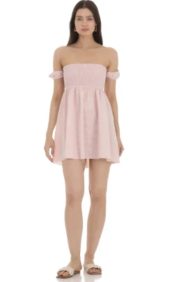 LUCY IN THE SKY Mini Dresses^Striped Smocked Off Shoulder Dress In Pink