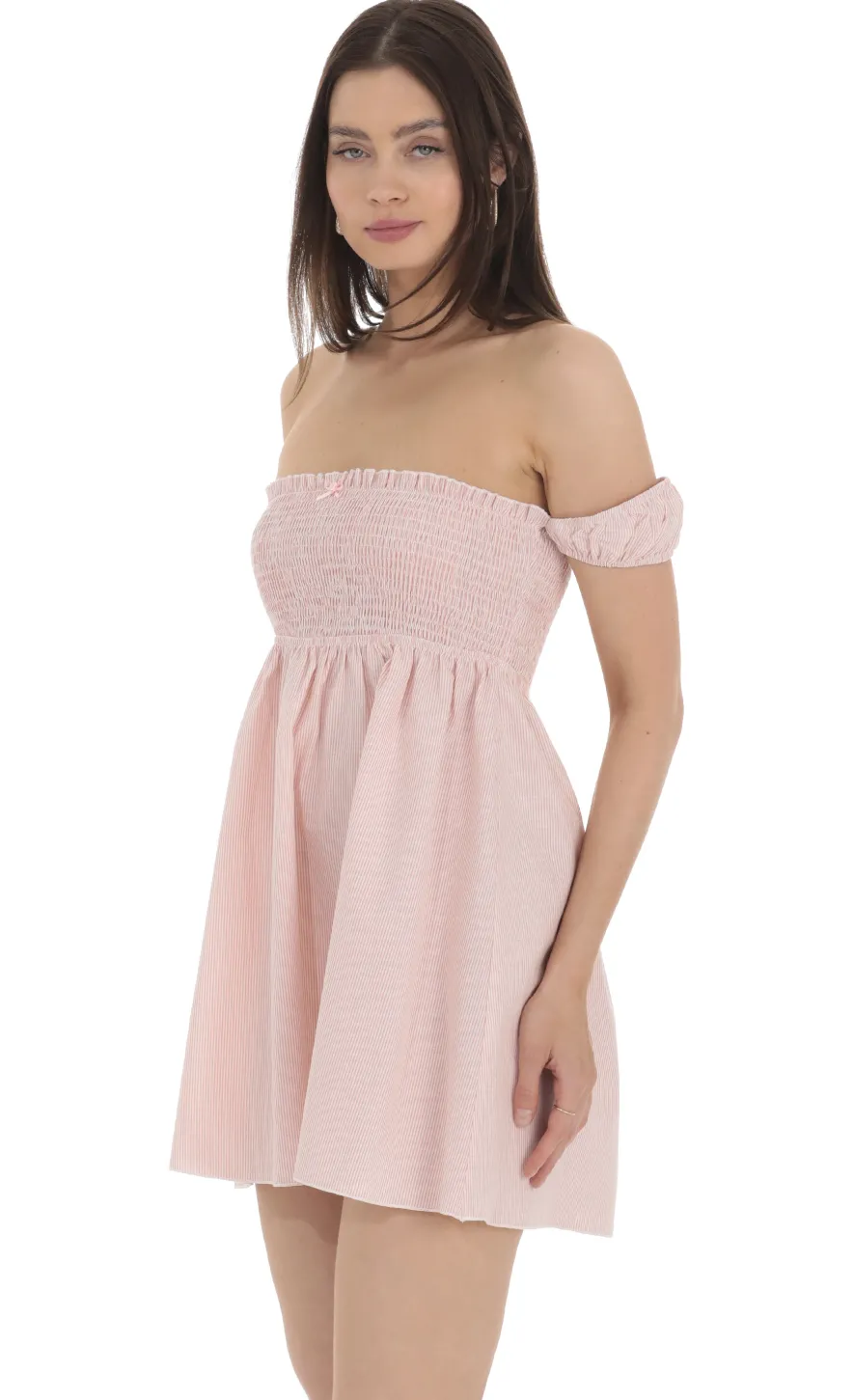 LUCY IN THE SKY Mini Dresses^Striped Smocked Off Shoulder Dress In Pink