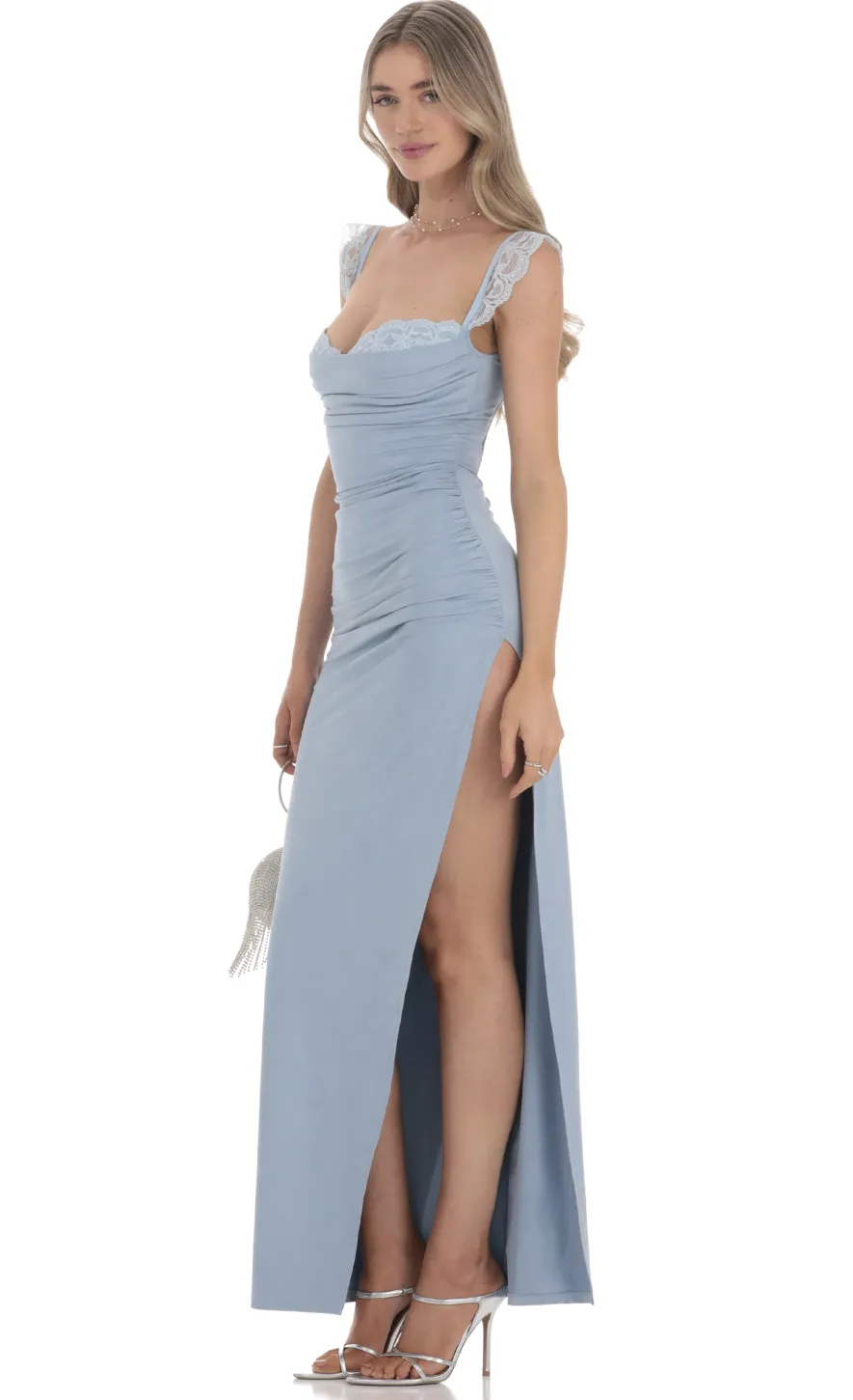 LUCY IN THE SKY Maxi Dresses^Suede Draped Lace Maxi Dress In Blue