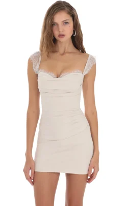 LUCY IN THE SKY Mini Dresses^Suede Draped Lace Strap Dress In Cream