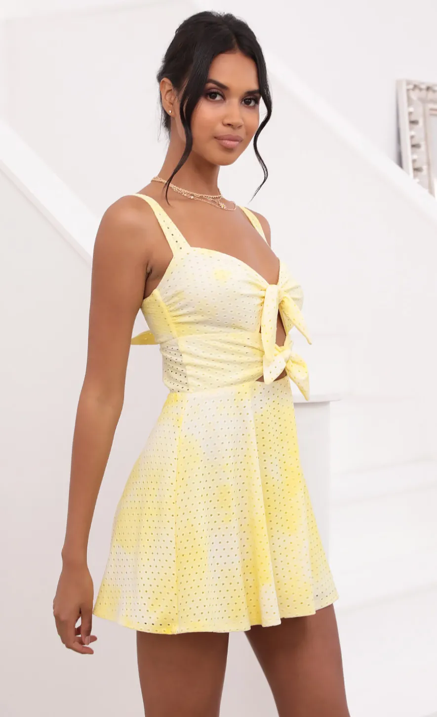 LUCY IN THE SKY Mini Dresses^Tie Dye Eyelet Dress In Yellow