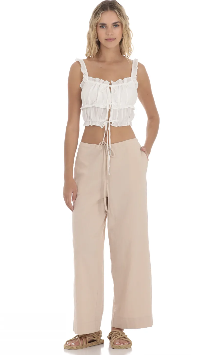 LUCY IN THE SKY Tops^Triple Tie Ruffle Top In White