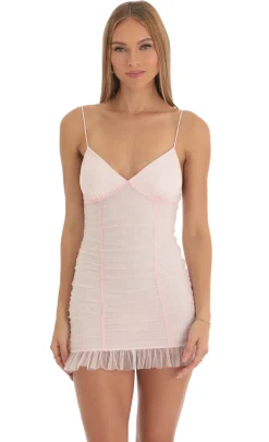 LUCY IN THE SKY Mini Dresses^Tulle Glitter Ruched Bodycon Dress In Pink