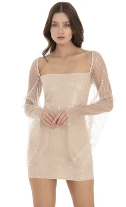 LUCY IN THE SKY Mini Dresses^Tulle Sequin Flare Sleeve Dress In Champagne