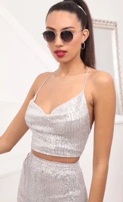 LUCY IN THE SKY Two-Piece Sets|Tops^Two Piece Set In Sheer Mesh With Silver Sequins
