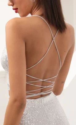 LUCY IN THE SKY Two-Piece Sets|Tops^Two Piece Set In Sheer Mesh With Silver Sequins
