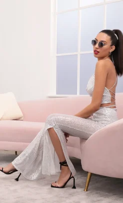 LUCY IN THE SKY Two-Piece Sets|Tops^Two Piece Set In Sheer Mesh With Silver Sequins