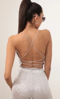 LUCY IN THE SKY Two-Piece Sets|Tops^Two Piece Set In Sheer Mesh With Silver Sequins