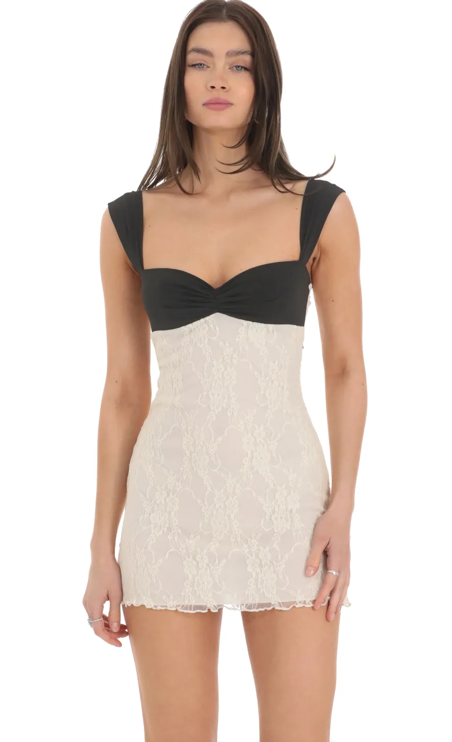 LUCY IN THE SKY Mini Dresses^Two Toned Lace Dress In Black And Cream