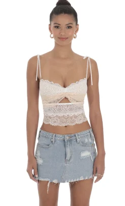 LUCY IN THE SKY Tops^Two Toned Lace Top In White