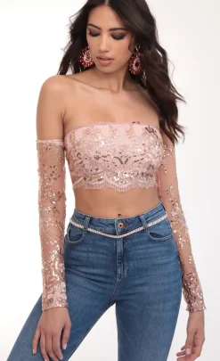 LUCY IN THE SKY Tops^Valentina Gold Sequin Lace Top In Mauve