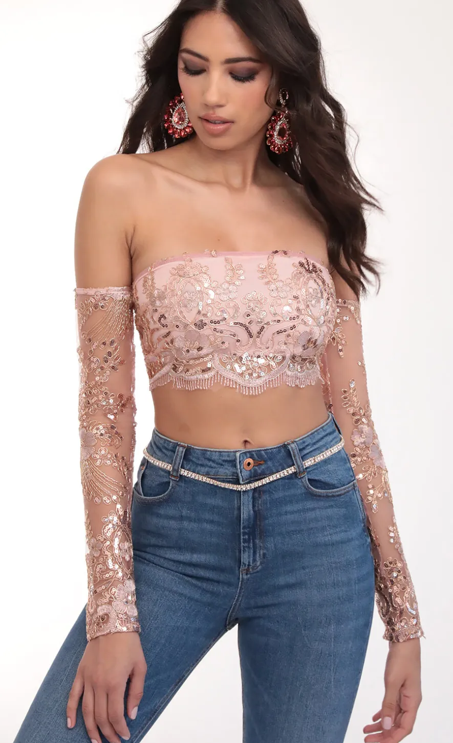 LUCY IN THE SKY Tops^Valentina Gold Sequin Lace Top In Mauve