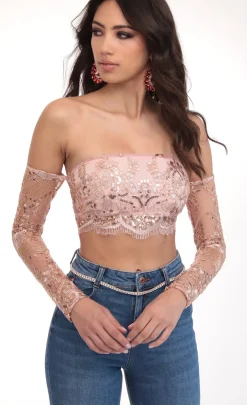 LUCY IN THE SKY Tops^Valentina Gold Sequin Lace Top In Mauve