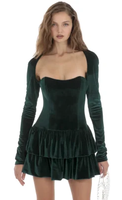 LUCY IN THE SKY Mini Dresses^Velvet Corset Long Sleeve Dress In Green