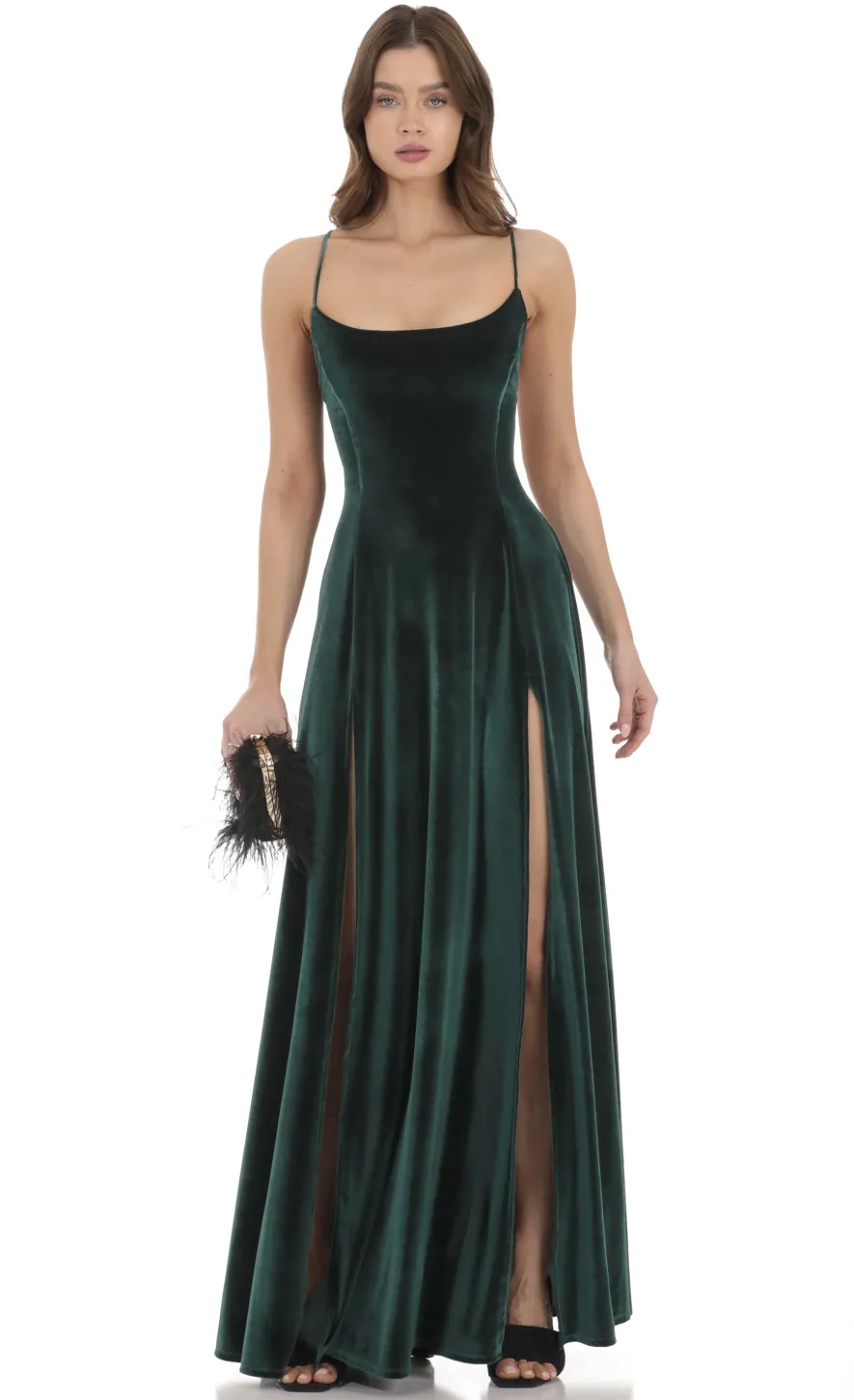LUCY IN THE SKY Maxi Dresses^Velvet Double Slit Maxi Dress In Green