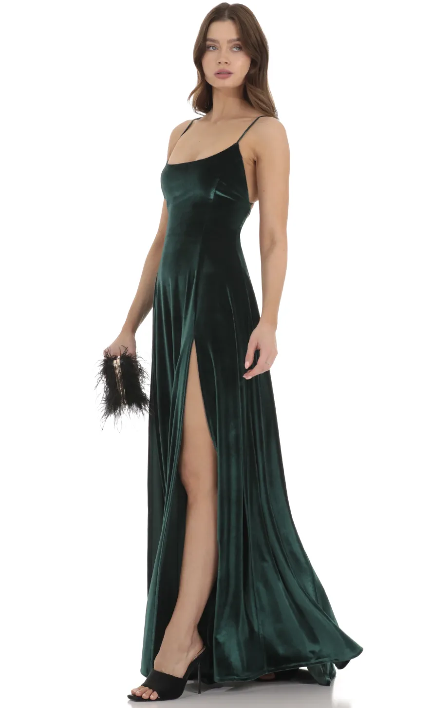 LUCY IN THE SKY Maxi Dresses^Velvet Double Slit Maxi Dress In Green