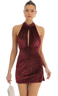 LUCY IN THE SKY Mini Dresses^Velvet Glitter Mock Neck Halter Dress In Red