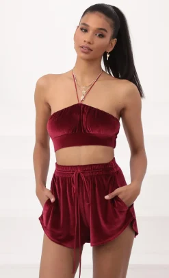 LUCY IN THE SKY Two-Piece Sets|Shorts^Velvet Halter Two Piece Set In Burgundy