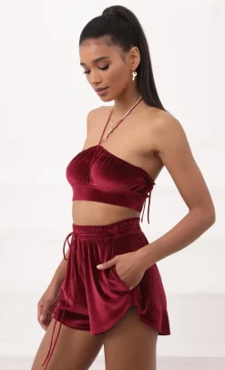 LUCY IN THE SKY Two-Piece Sets|Shorts^Velvet Halter Two Piece Set In Burgundy