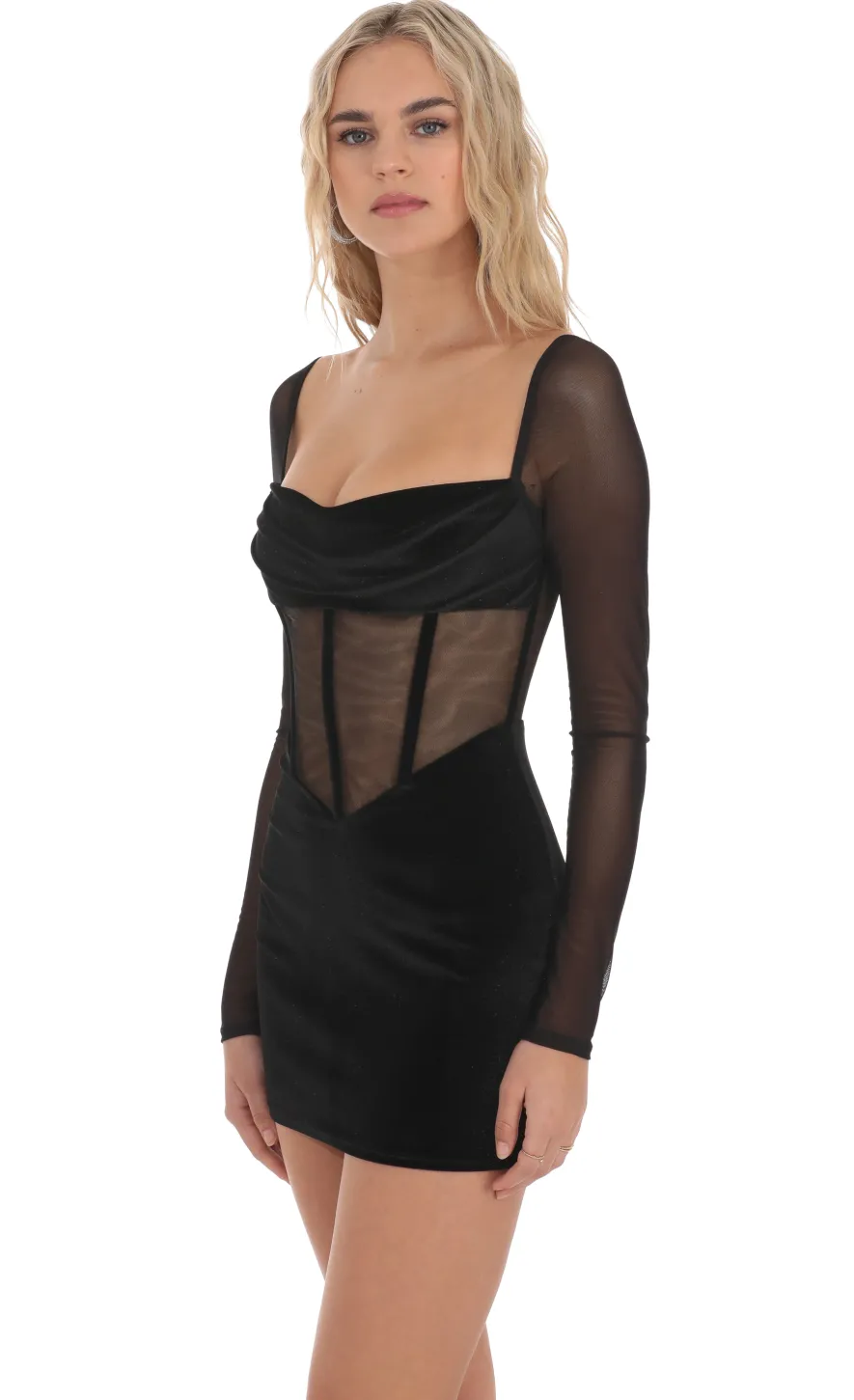 LUCY IN THE SKY Mini Dresses^Velvet Mesh Corset Dress In Black