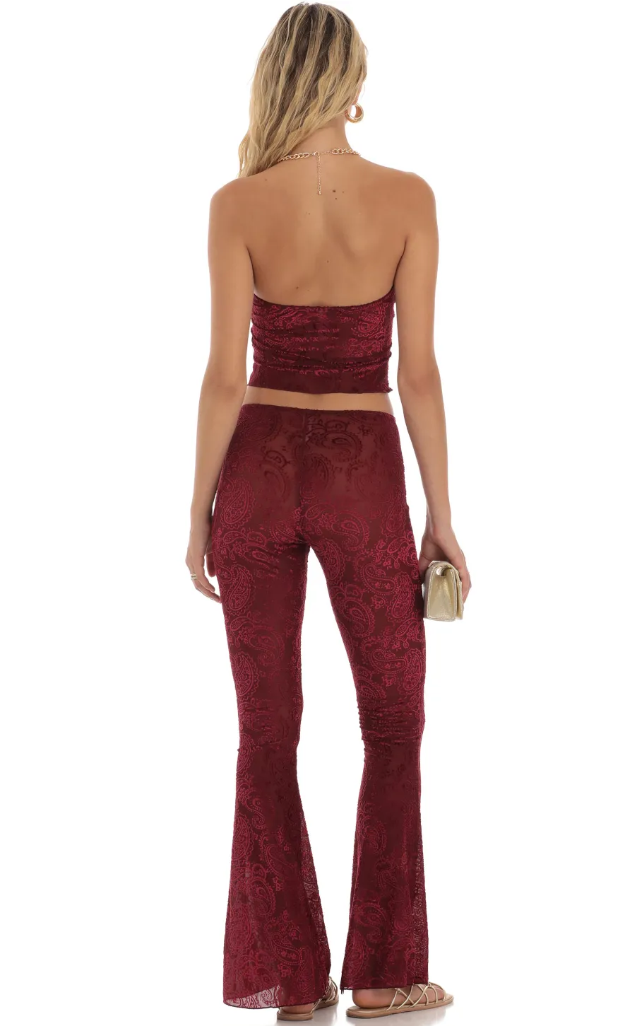 LUCY IN THE SKY Two-Piece Sets|Pants^Velvet Mesh Two Piece Set In Maroon