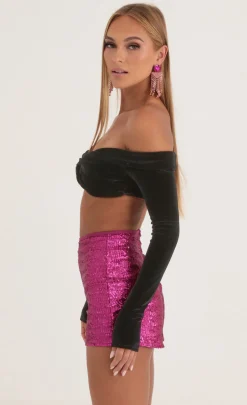 LUCY IN THE SKY Two-Piece Sets^Velvet Off The Shoulder Top In Black