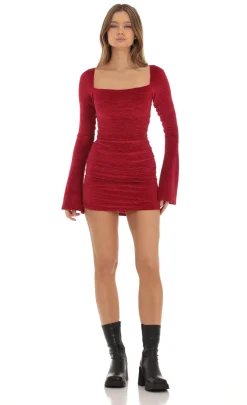 LUCY IN THE SKY Mini Dresses^Velvet Pleated Bell Sleeve Dress In Red