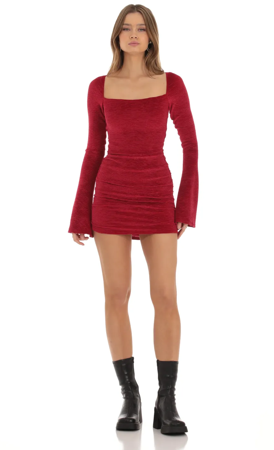 LUCY IN THE SKY Mini Dresses^Velvet Pleated Bell Sleeve Dress In Red