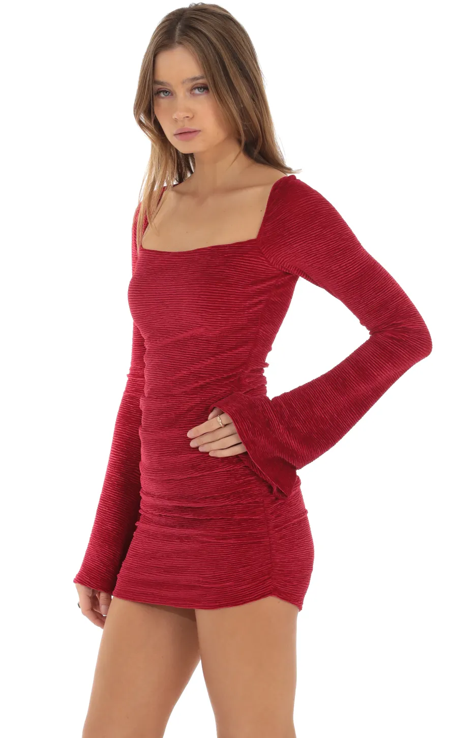 LUCY IN THE SKY Mini Dresses^Velvet Pleated Bell Sleeve Dress In Red