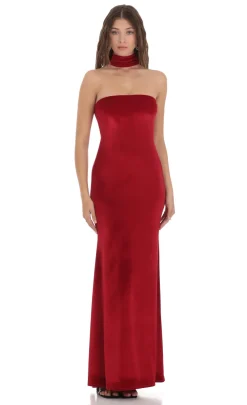 LUCY IN THE SKY Maxi Dresses^Velvet Reverse Halter Maxi Dress In Red