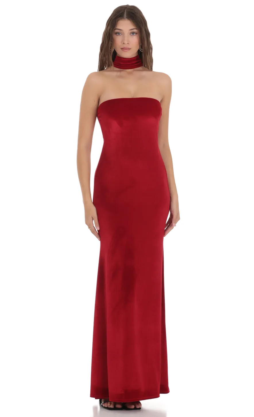 LUCY IN THE SKY Maxi Dresses^Velvet Reverse Halter Maxi Dress In Red