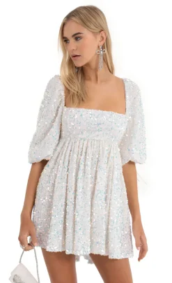 LUCY IN THE SKY Mini Dresses^Velvet Sequin Baby Doll Dress In White