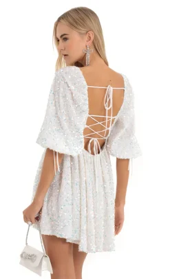 LUCY IN THE SKY Mini Dresses^Velvet Sequin Baby Doll Dress In White