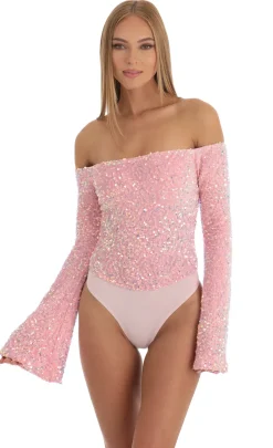 LUCY IN THE SKY Bodysuits^Velvet Sequin Bodysuit In Pink