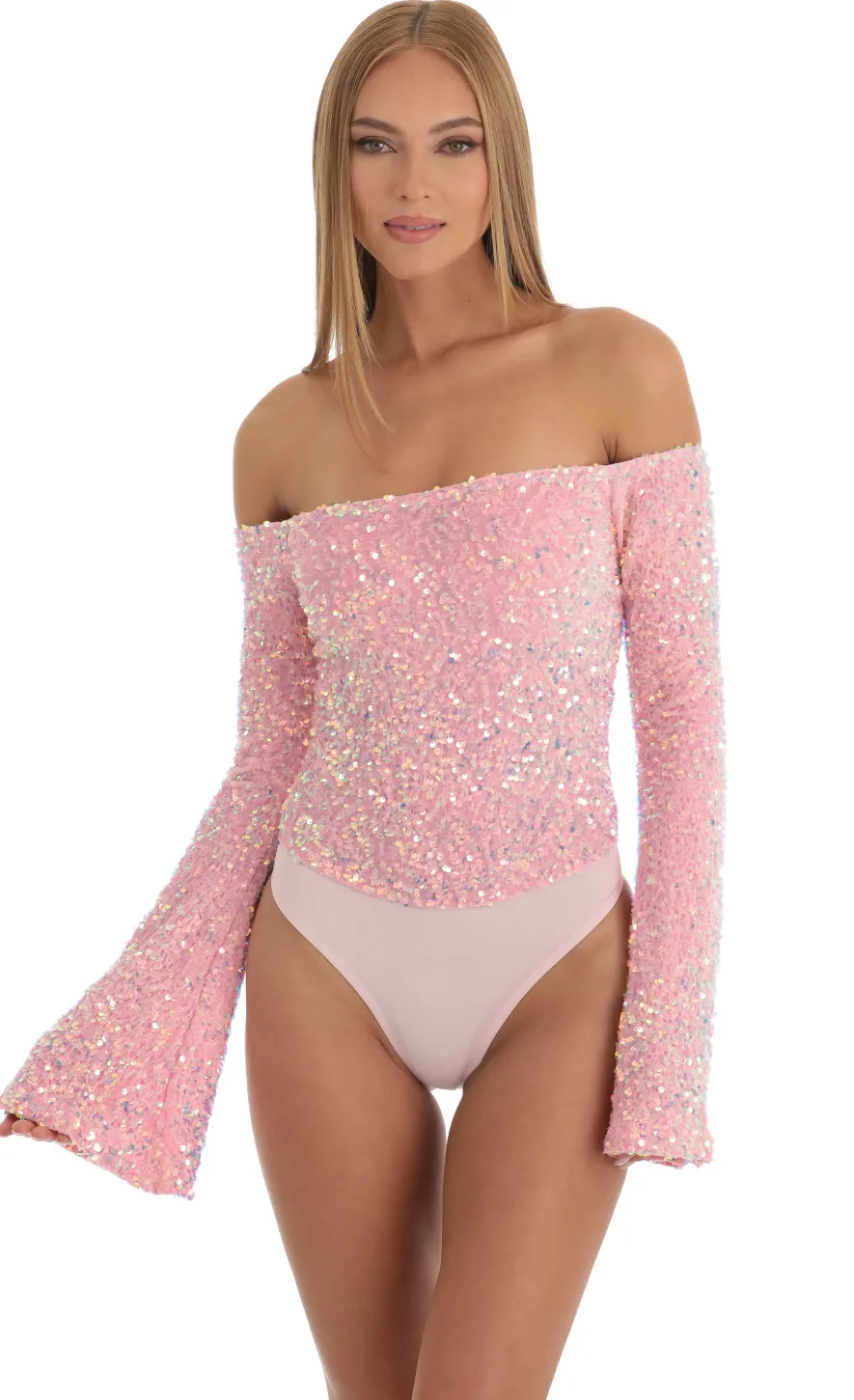 LUCY IN THE SKY Bodysuits^Velvet Sequin Bodysuit In Pink