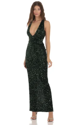 LUCY IN THE SKY Maxi Dresses^Velvet Sequin Plunge Neck Dress In Green