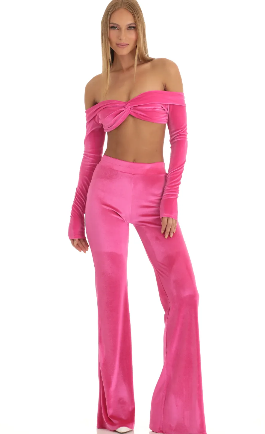 LUCY IN THE SKY Two-Piece Sets|Pants^Velvet Two Piece Pant Set In Hot Pink