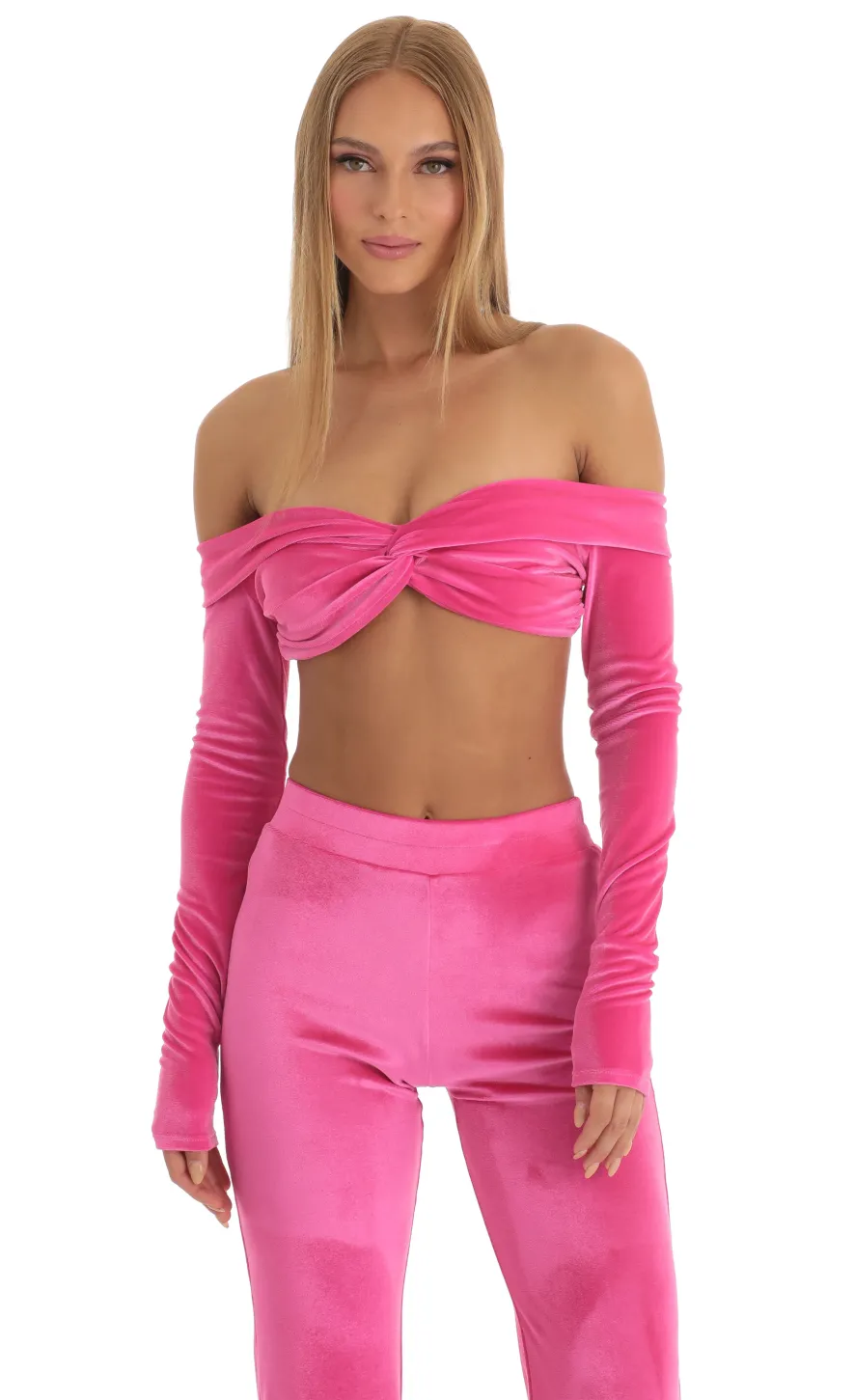 LUCY IN THE SKY Two-Piece Sets|Pants^Velvet Two Piece Pant Set In Hot Pink