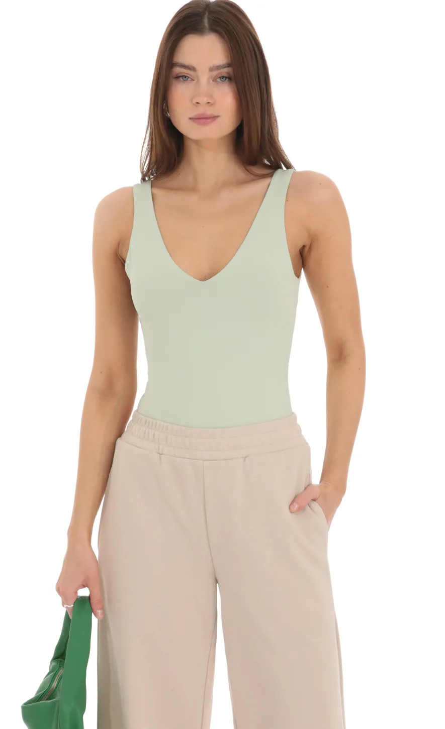 LUCY IN THE SKY Bodysuits^V-Neck Bodysuit In Pistachio