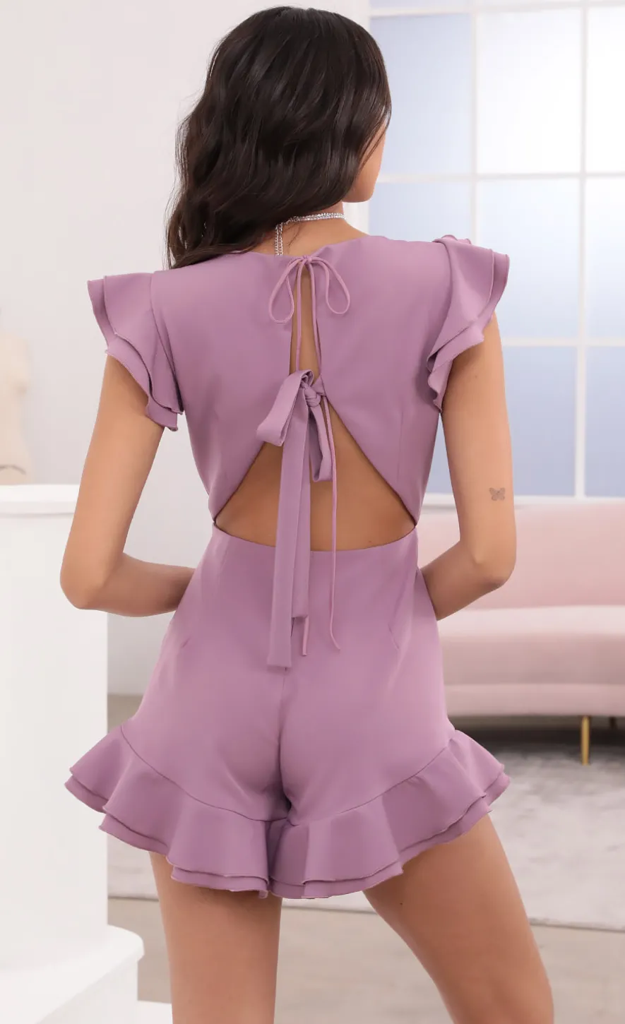LUCY IN THE SKY Rompers^V-Neck Ruffle Romper In Mauve