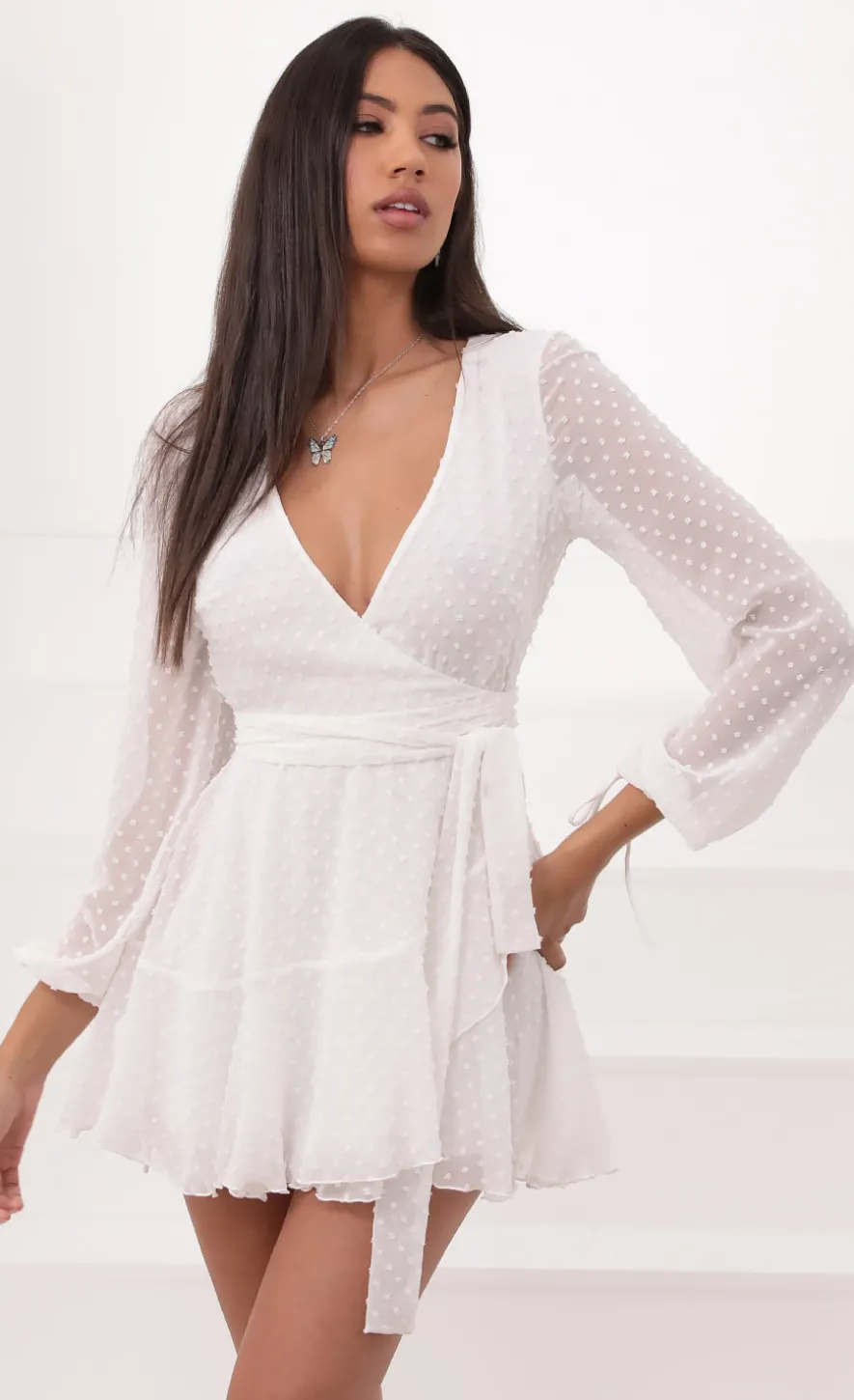 LUCY IN THE SKY Mini Dresses^Wrap Dress In Ivory Dotted Chiffon