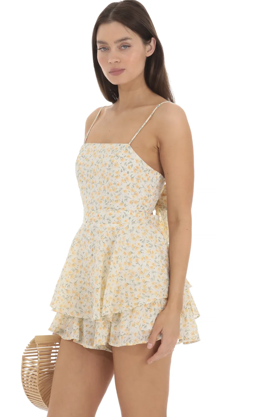 LUCY IN THE SKY Rompers^Yellow Floral Open Back Romper In Cream