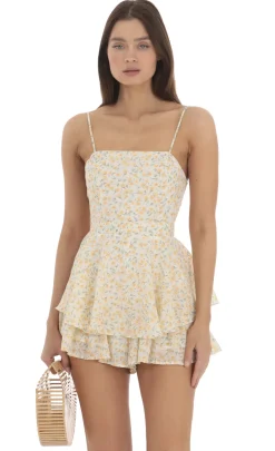 LUCY IN THE SKY Rompers^Yellow Floral Open Back Romper In Cream